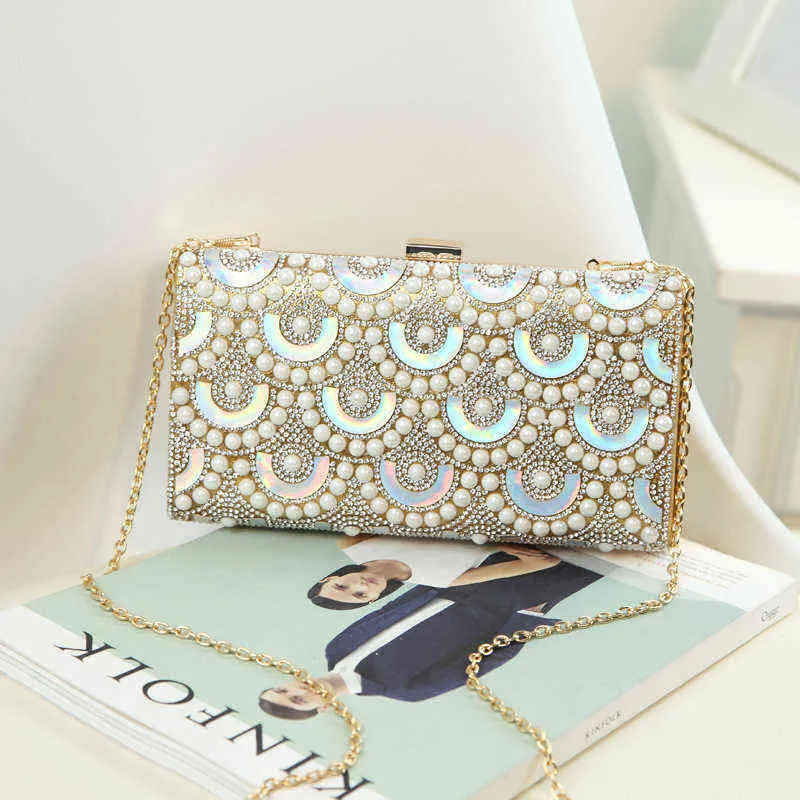 Aftonväskor Sequined Bling Beaded Women Day Clutch Shoulde Chain Party Handväskor Pearl Evening Väskor Flap Design Purse 220314