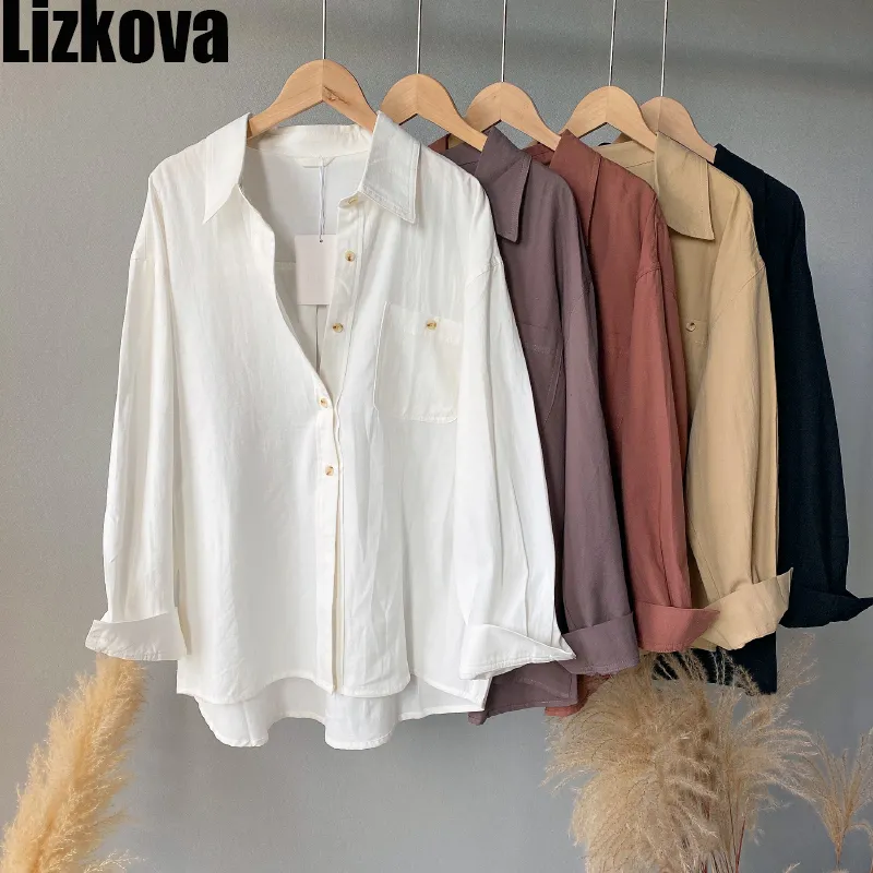 Lizkova Camicetta giapponese 100% cotone Donna Hararuju Camicia ufficiale oversize con tasca bianca Maglietta casual da donna 8265 201126