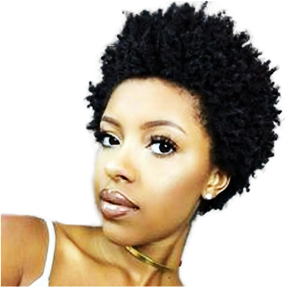 Natural Short Afro Kinky Curly Human Hair None Lace Front Wigs For Black Women