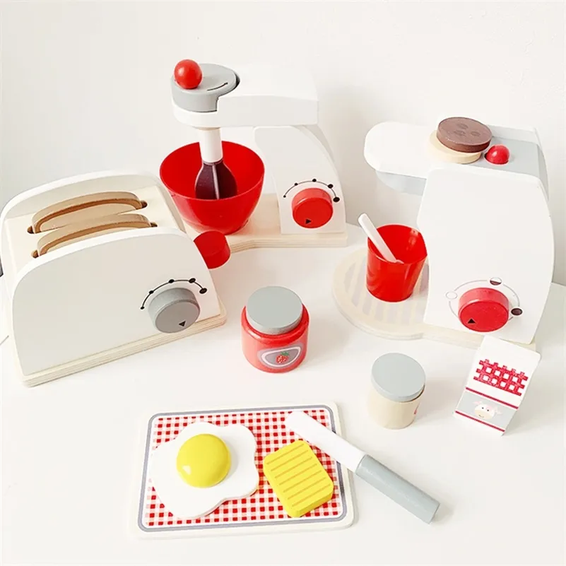 Kids Wooden Pretend Play Sets Simulation Toasters Bread Maker Coffee Machine Blender Baking Kit ...