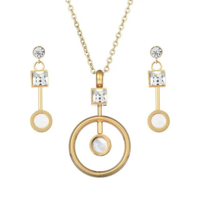 Gold Color Austrian Crystal Classic Hollow Round Necklace Pendant Earrings Jewelry Set