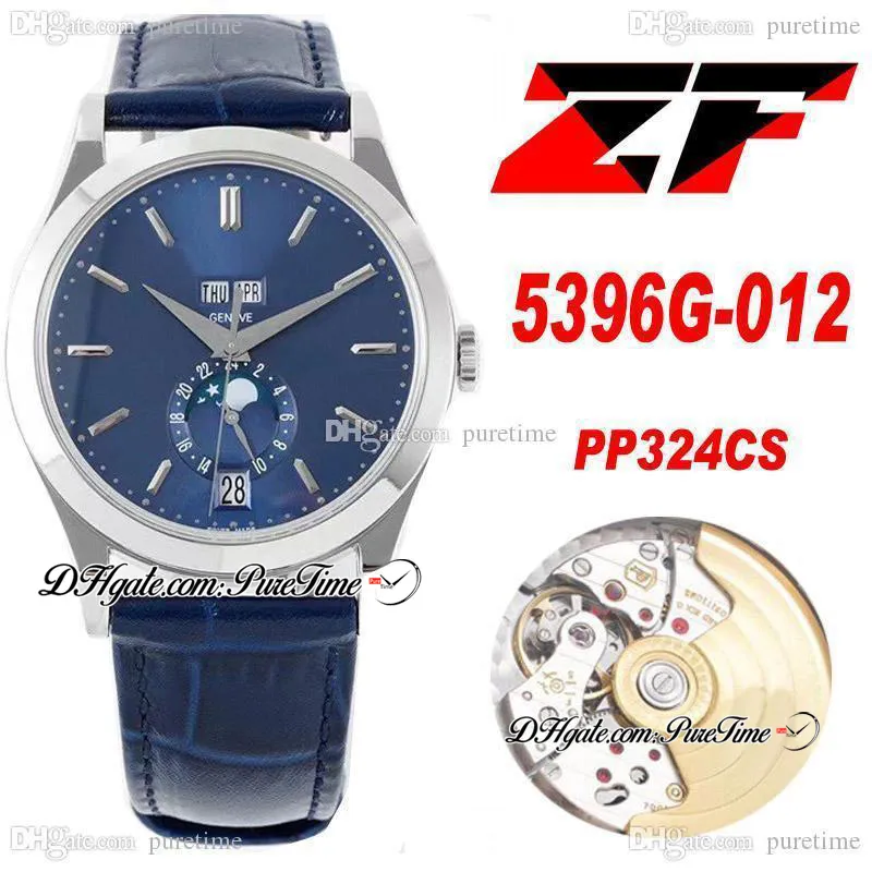 2022 ZF Coroczne Kalendarz MoonPhase 5396G-012 A324 Automatyczny Zegarek Mężczyzna Stalowy Case Niebieska Dial Skórzana Pasek Super Edition PureTime 324CS PP324SC PTPP Zegarki C3