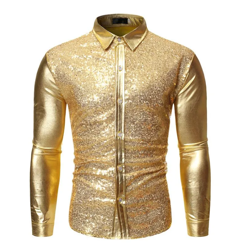 Shiny Gold Patchwork Sequic Shirt Men 2020ブランドスリムフィット長袖メンズドレスシャツDJクラブパーティーステージPROM Chemise Homme