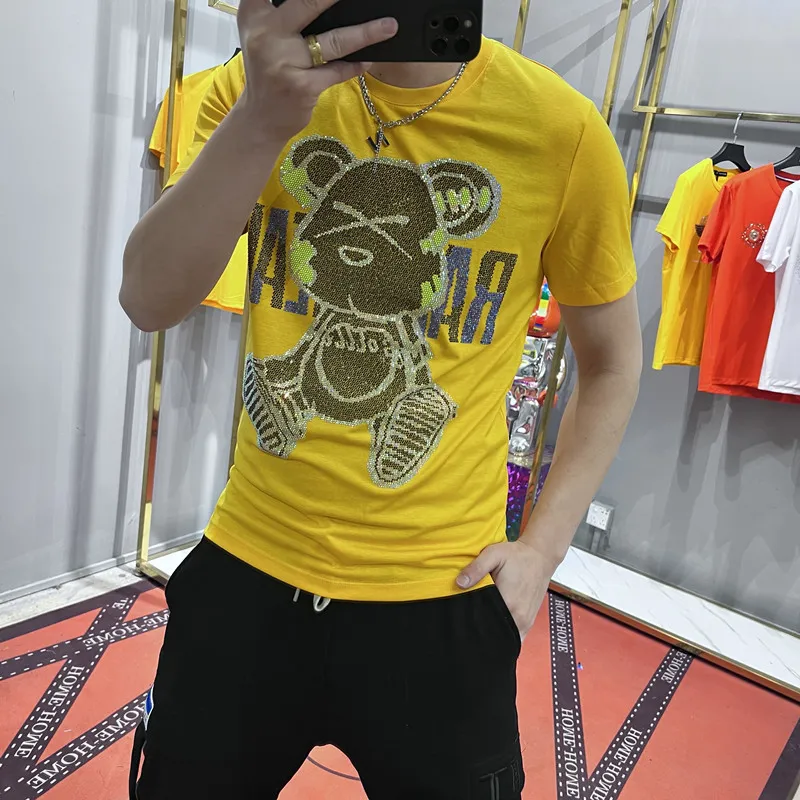 Rhinestone Casual Men's T-Shirts Loose O-neck 2022 New Fashion Brand Diamond Bear Green Yellow Black White Clothing Summer Handsome Items M-5XL