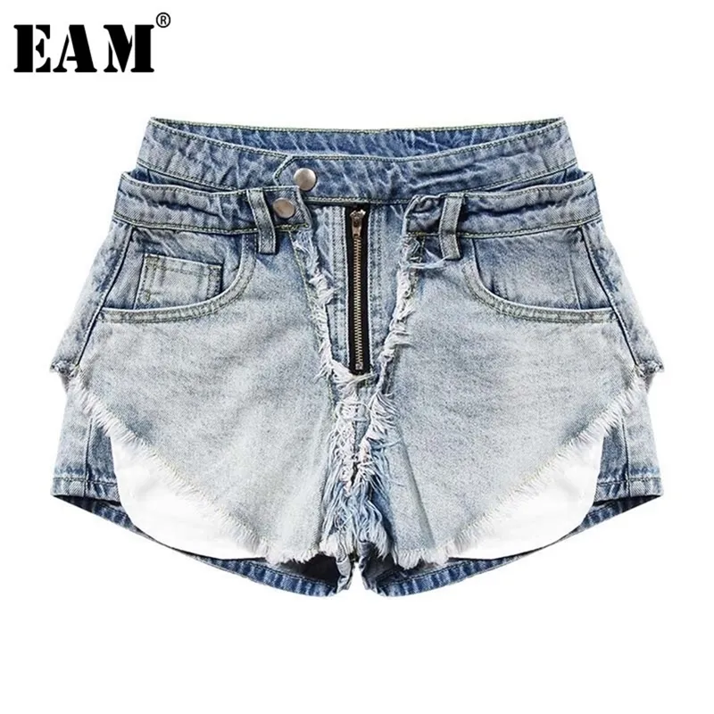 [EAM] Femmes Bleu Burr Split Joitn Short Jambe Large Nouvelle Taille Haute Coupe Ample Pantalon Mode Marée Printemps Été 2020 1W330 T200701