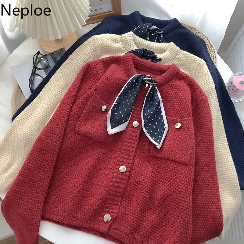 Women's Knits & Tees Neploe Sweater Women Chic Scarf Collar Double Pocket Knit Cardigan Coat Fall Clothing Korean Loose Casual Sweet Tops Pu