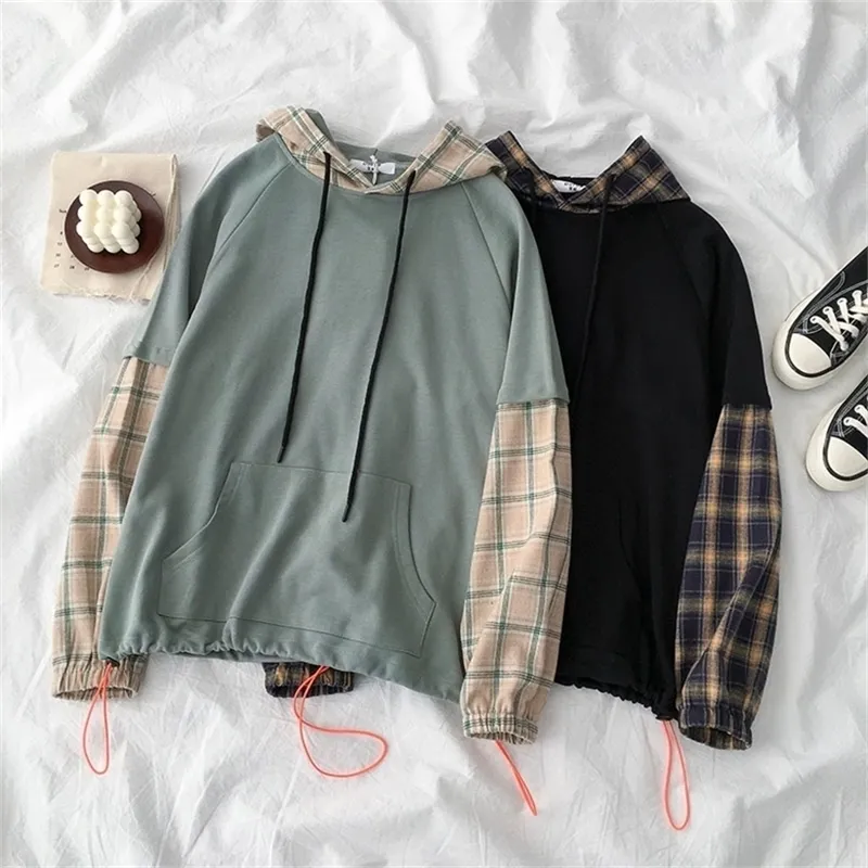 BF Style Patchwork Sweat-shirt Femmes Casual Manches longues à capuche Plaid Mode Pull Femme Coton Noir Poche Coton Tops 201211