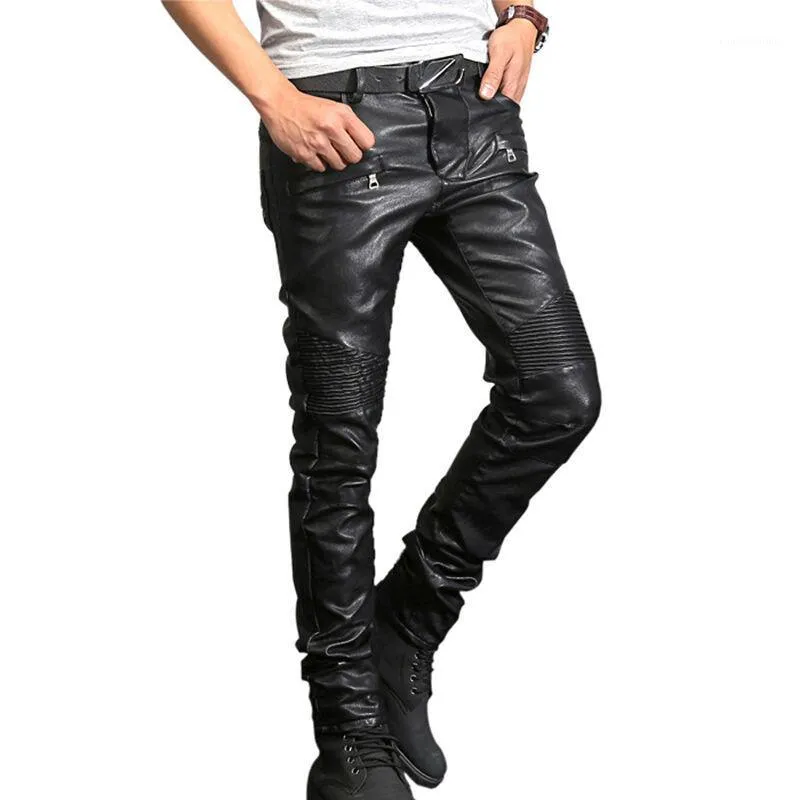 Nya Frankrike-stil Mens Ripped Moto Ribbed Skinny Black Pu Leather Biker Slim Trousers Pencil Pants Storlek 29-401