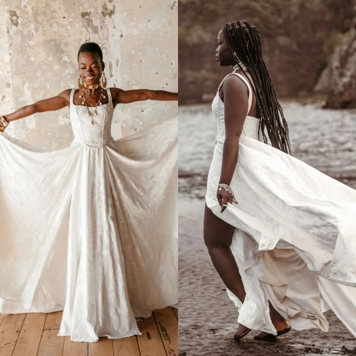 2021 Nya bröllopsklänningar Fyrkantiga nacke ärmlössor Lace Satin Split Bridal Gowns Custom Made Sweep Train Bröllopsklänning Rue de Seine