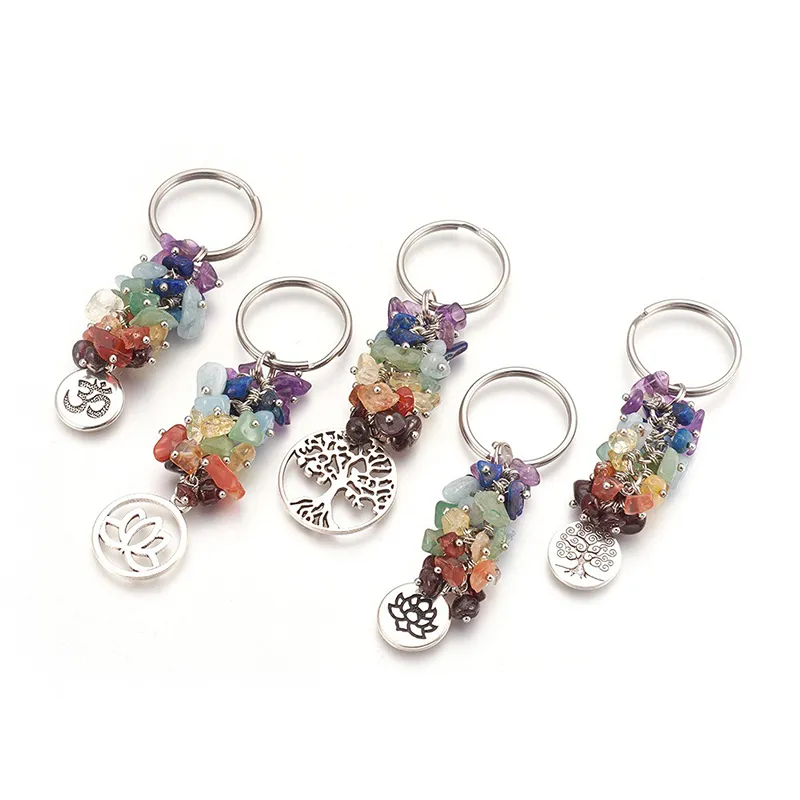 Porte-clés en cristal naturel, pendentif, pierres précieuses cassées, pompon, arbre de vie, décoration de bagages, porte-clés cadeau