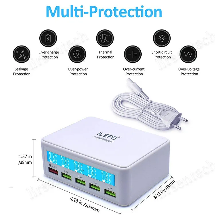 50W QC 3.0 Multi USB Charger With LCD Display Including 5-Port USB Smart Chargers For Tablets All Smart Cellphone