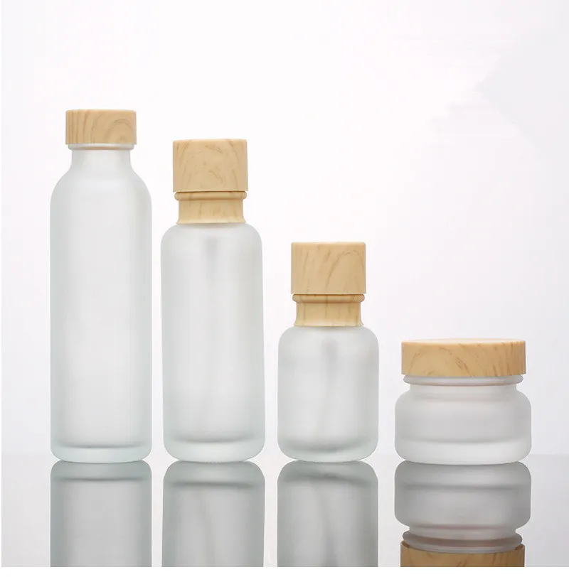 Frosted Glass Jar Lotion Cream Bottles Round Cosmetic Jars Hand Face Lotion Pump Bottle with wood grain cap Bottles GH1369