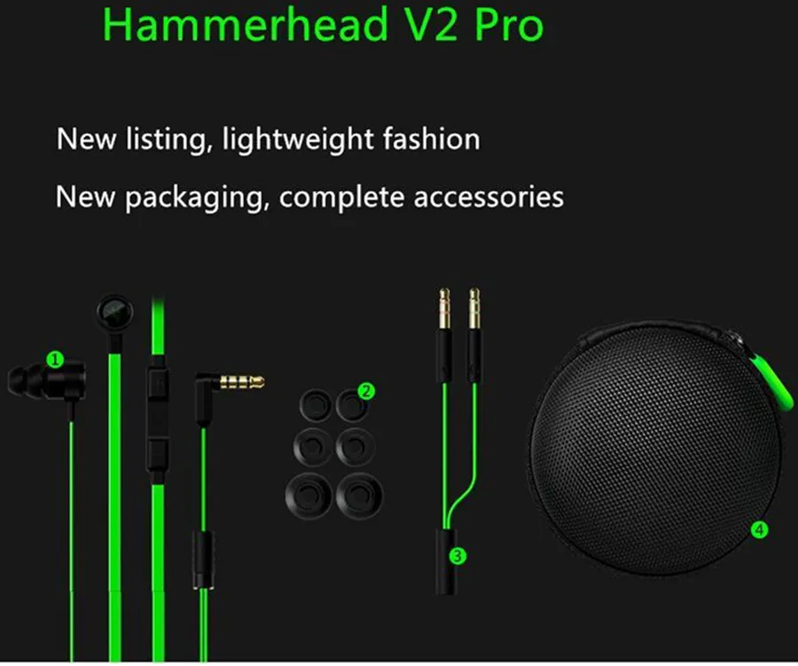 Razer Hammerhead Pro V2 헤드폰 3.5mm 마이크 게임 헤드셋 소매 상자 1pcs와 소음 고장 스테레오베이스