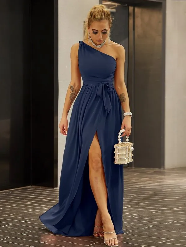 joyfunear one shoulder dress Joyfunear Twisted Shoulder Belted Split Thigh blue maxi dress SHE01