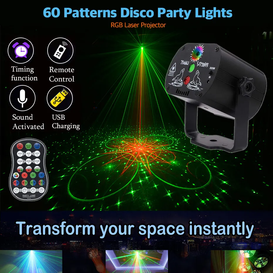 60 Patterns LED Disco Light Christmas Laser Projector Laser Party Lights Amazon USB Rechargeable RGB Stage Light For Home DJ Halloween Show Y201006 From Shanye10 18.37 DHgate.Com