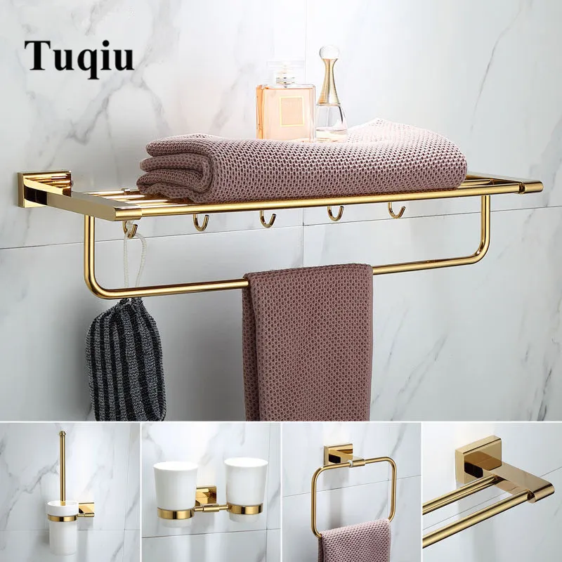Gold Gold Towel Bar Set: Towel Rack, Corner Shelf, Paper Holder, Toilet ...