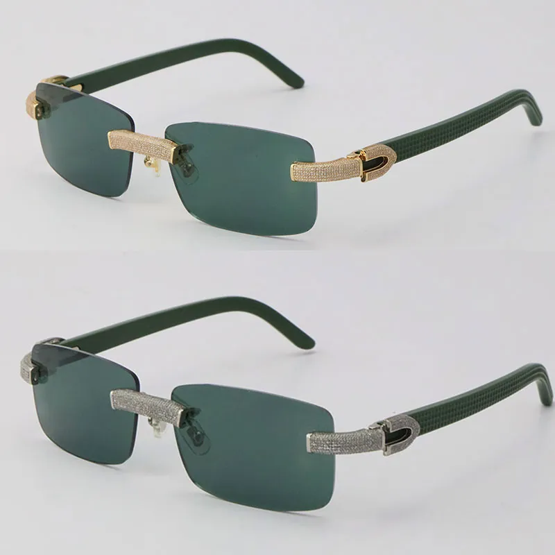 Ny mikrobelagd diamant Rimless Solglasögon Original Green Plank Mens Rocks Frame Man och Kvinna Glasögon 18K Guld C Dekoration Womans Sun Glasögon Storlek: 57