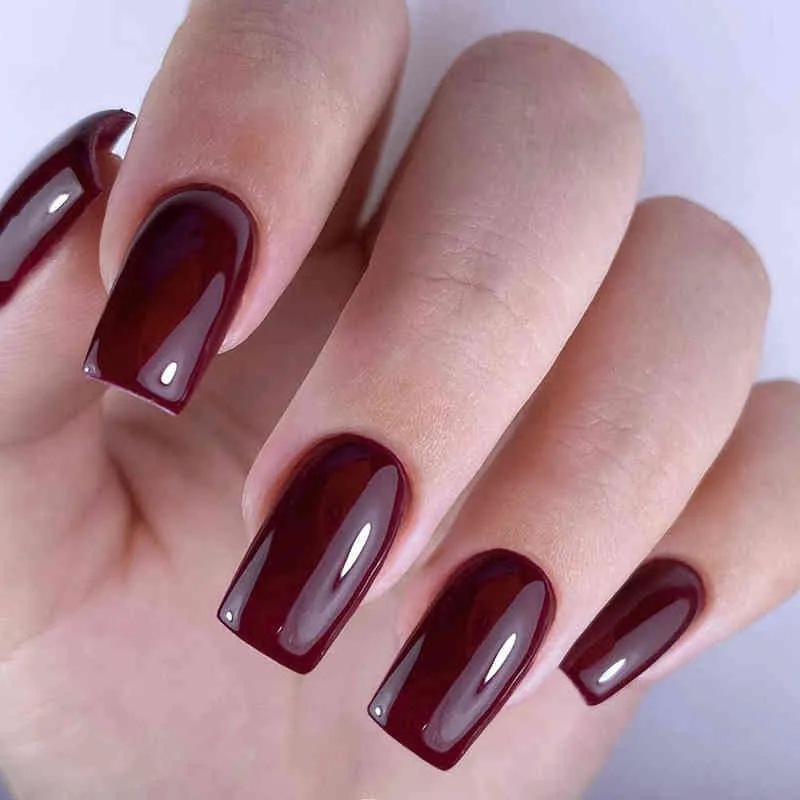 Fałszywe paznokcie 24 sztuk błyszczący ciemnobrązowy prasa na fałszywych paznokci długich płaski sztuczny fałszywy dla projektowania DIY Full Cover Tips Manicure Narzędzie 220225