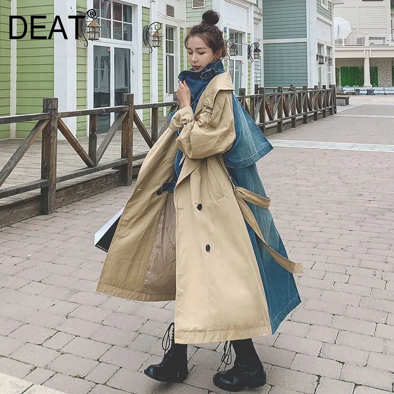 [Deat] novo outono moda feminina trincheira casaco casual denim patchwork de manga completa dupla colar solta com cinto tx159 201030