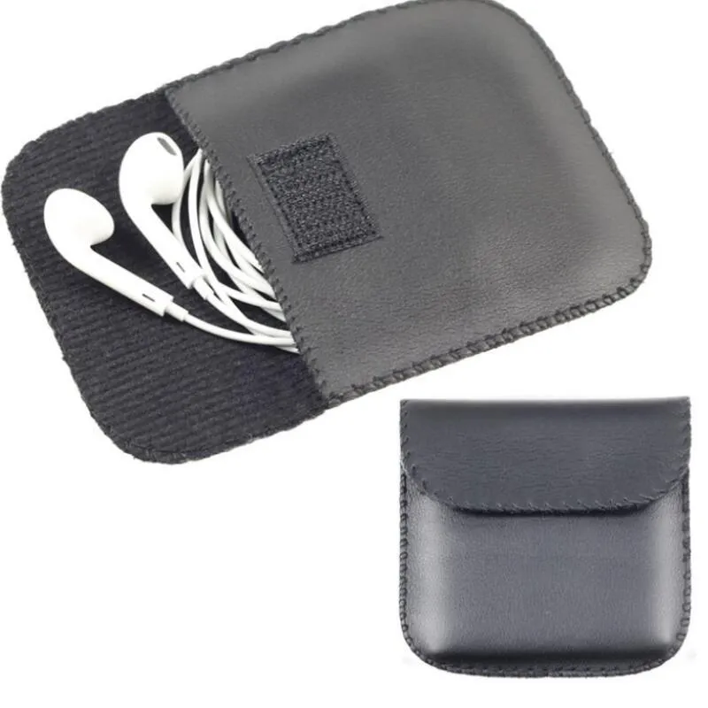 Storage bags Fashionable Black Color Headphone Earphone USB Cable Leather Pouch Carry Case Bag Container DH8760