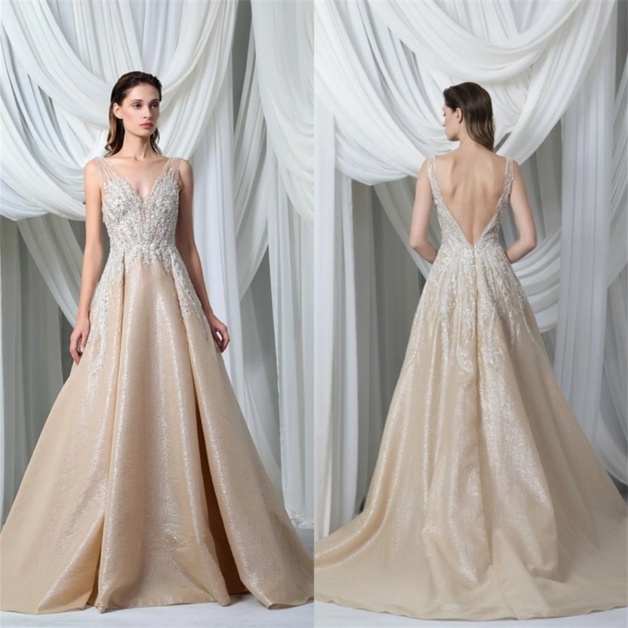 Champagne Avondjurken V-hals Applicaties Kant Kralen Prom Gowns Custom Made Open Back Sweep Trein Speciale gelegenheden Jurk