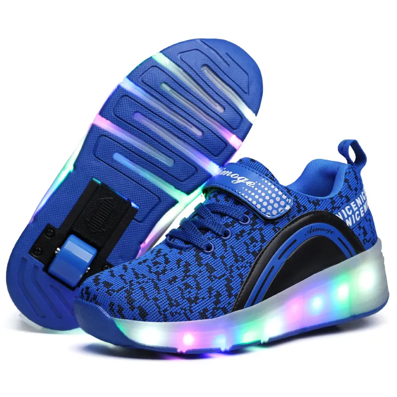 Pink LED Light Up Sneakers For Kids With Wheels Glowing Roller Sneakers For Boys Sport From