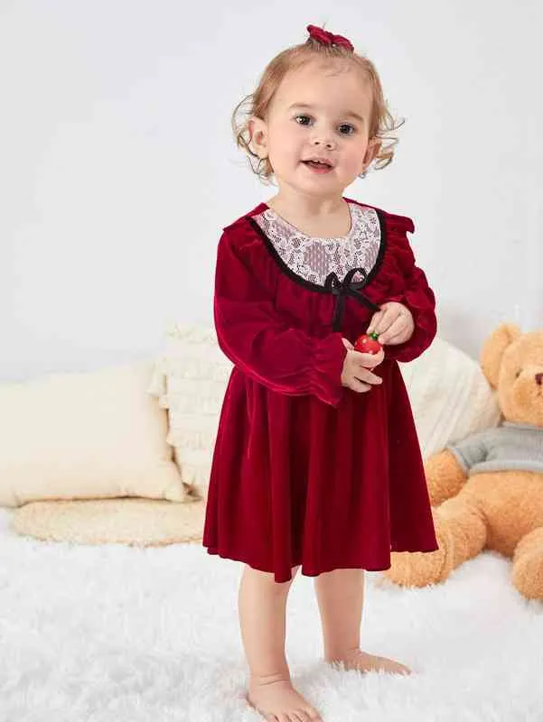 Baby Contrast Lace Ruffle Trim Flounce Sleeve Velvet Dress SHE