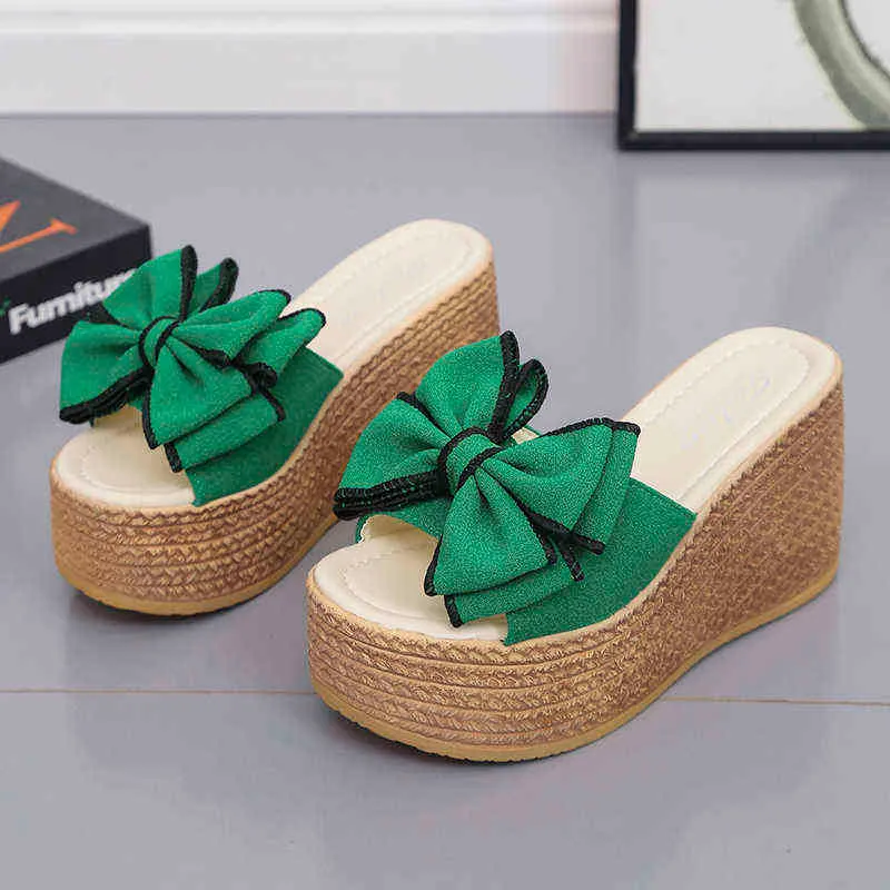 Women's 2022 Summer Sandals Slippers Ladies Outdoor Soft Flip Flops Bow Open Toe Party Platform Green Slippers Sandals for Women Y220221