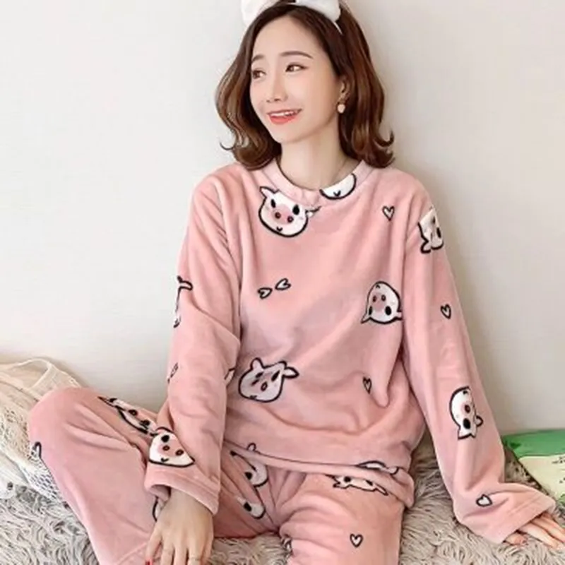 2020 Winter Pajama Women Korean Sleepwear Cute Cartoon Flannel