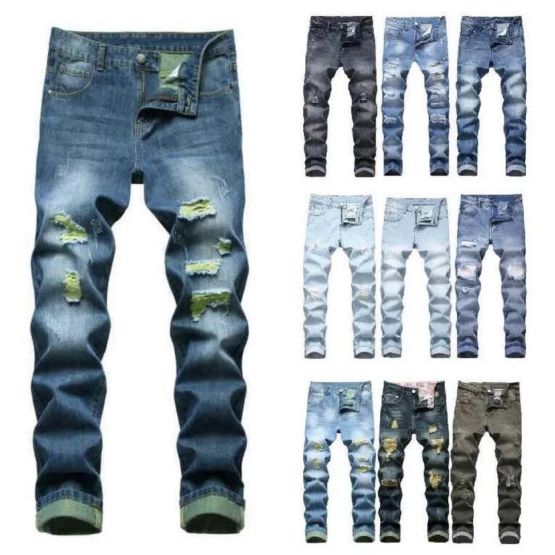 Jeans för herr Rippade raka smala hiphop-lappar i jeansbyxor utan bälte utan stretch i flera stilar