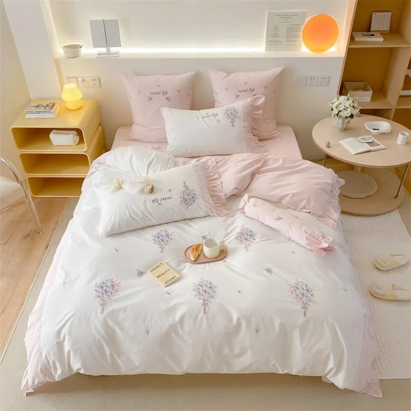 Bettwäsche-Sets mit Blumen-Stickerei-Mädchen-Set, 100 % gewaschene Baumwolle, Rüschen, Steppdecke/Bettbezug, Bettwäsche, Spannbetttuch, Kissenbezüge