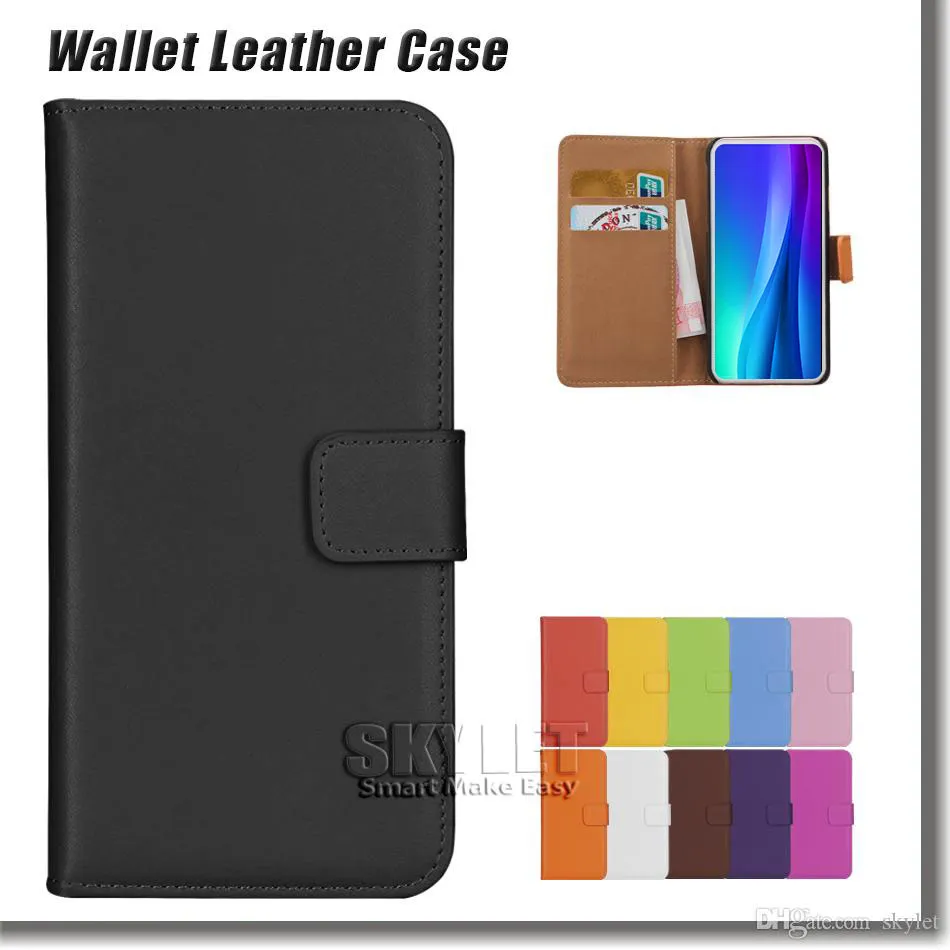 Äkta läderplånbok för iPhone 14 13 12 11 Pro Max XS Max XR Samsung Galaxy S23 22 Plus Ultra Solid Color Flip Cover Case i OPP Bag