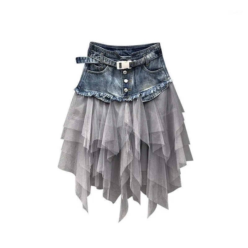 Kjolar sommar denim jeans kjol kvinnor oregelbunden hög midja tulle mesh patchwork fickor pläterad mittkalv tutu 2021 street1