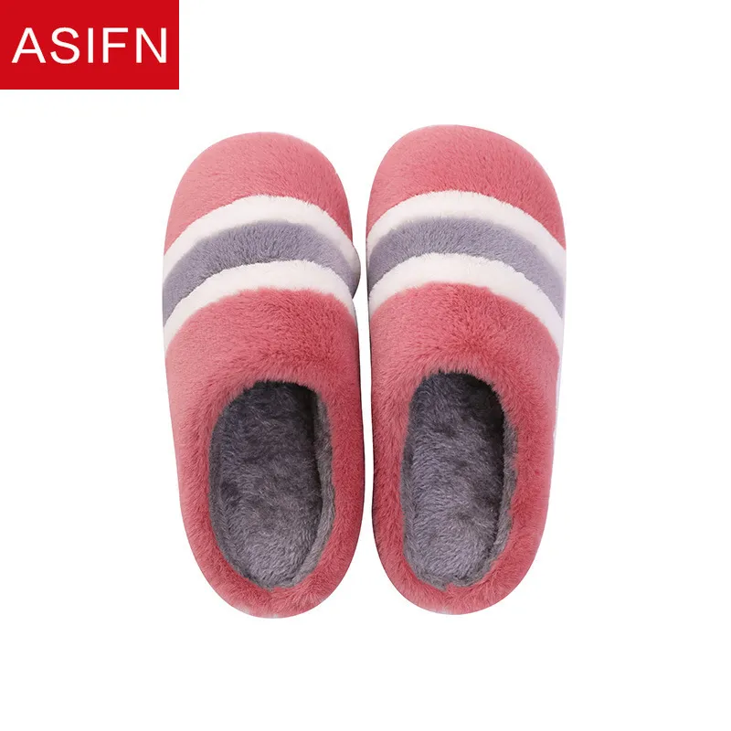 Asifn mulheres inverno caseiro chinelos com pele pelúcia clássico listras fundo macio plataforma interior sapatos homens senhoras peludo chinelos x1020