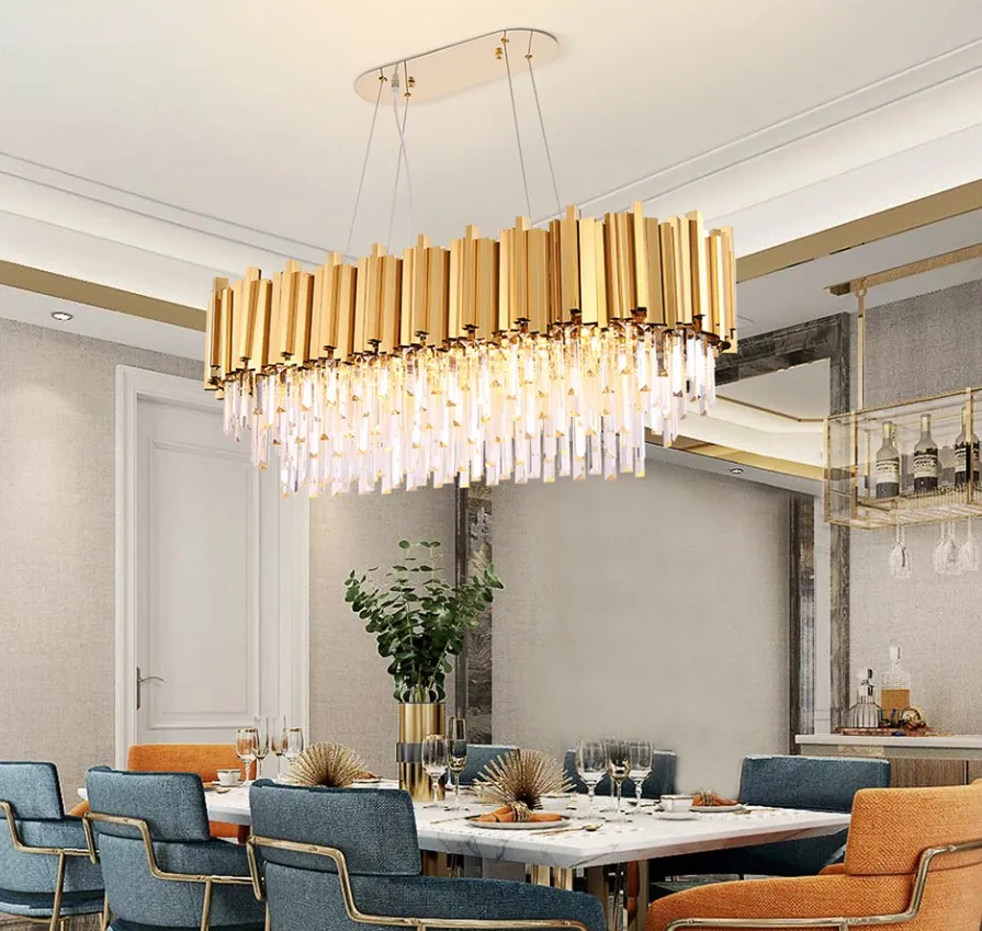 Rechteckige moderne Kronleuchterbeleuchtung für das Esszimmer, luxuriöse LED-Kristalllampe in der Kücheninsel, Gold/Chrom-Leuchten