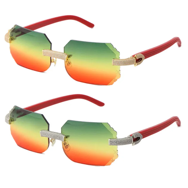 2022 Neue Original-Sonnenbrille mit Mikropavé-Diamant, randlos, luxuriöse Herren-Designer-Sonnenbrille, roter Planken-Metallrahmen, männlich und weiblich, 18 Karat Gold, große quadratische Brille, Größe: 58
