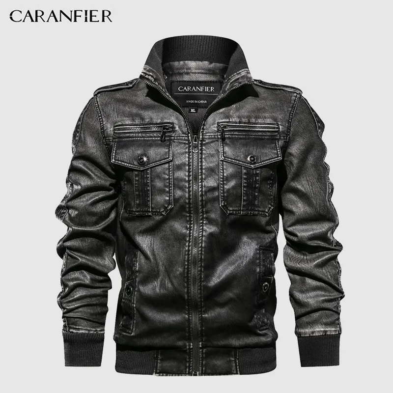 Caranfier Mens Leather Jackets Motorcykelstativ Collar dragkedja fickor Male Us Size Pu Coats Biker Faux Leather Fashion Outerwear 2011303030