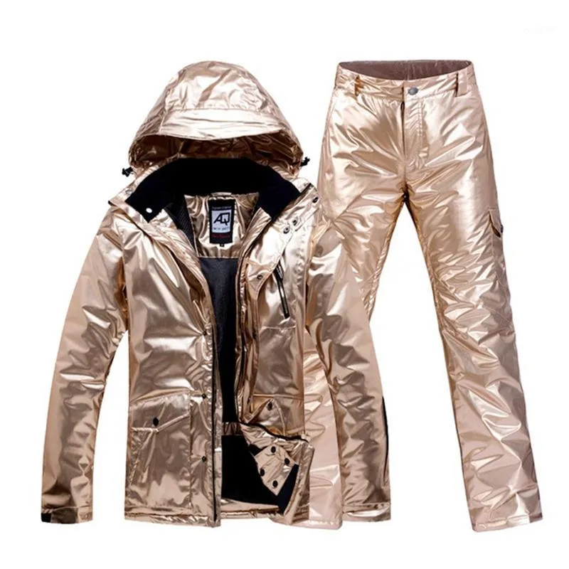 Gold Ski Suit Men Women Snowsuit Couple Winter Outdoor Snowboard Clothing Waterproof Warm Thick Ski Jacket Pant Set1