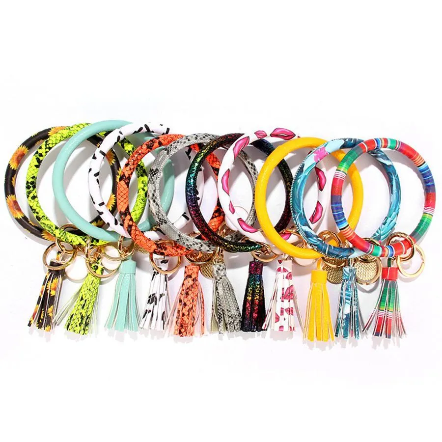 PU Leather Bracelet Keychain Sunflower Leopard Wristlet Key Ring Tassel Bangle Keychain Pendant Party Favor C0308