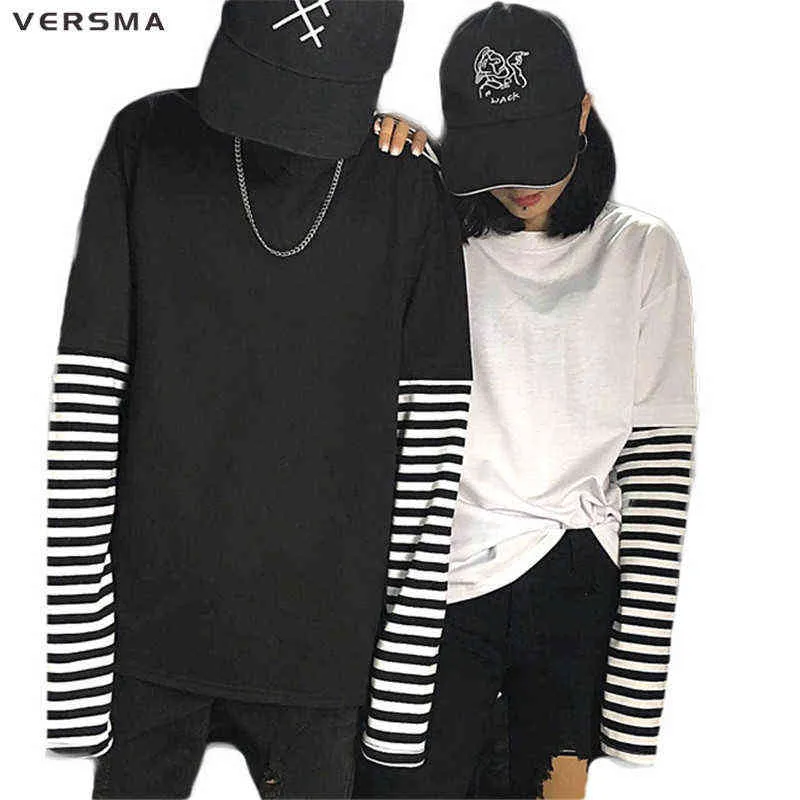 VERSMA 2017 Coreano Harajuku Nero bianco A Righe Hip Hop T-Shirt Uomo Donna Autunno Falso in Due Pezzi Extra Manica Lunga T Shirt Allentata G1229