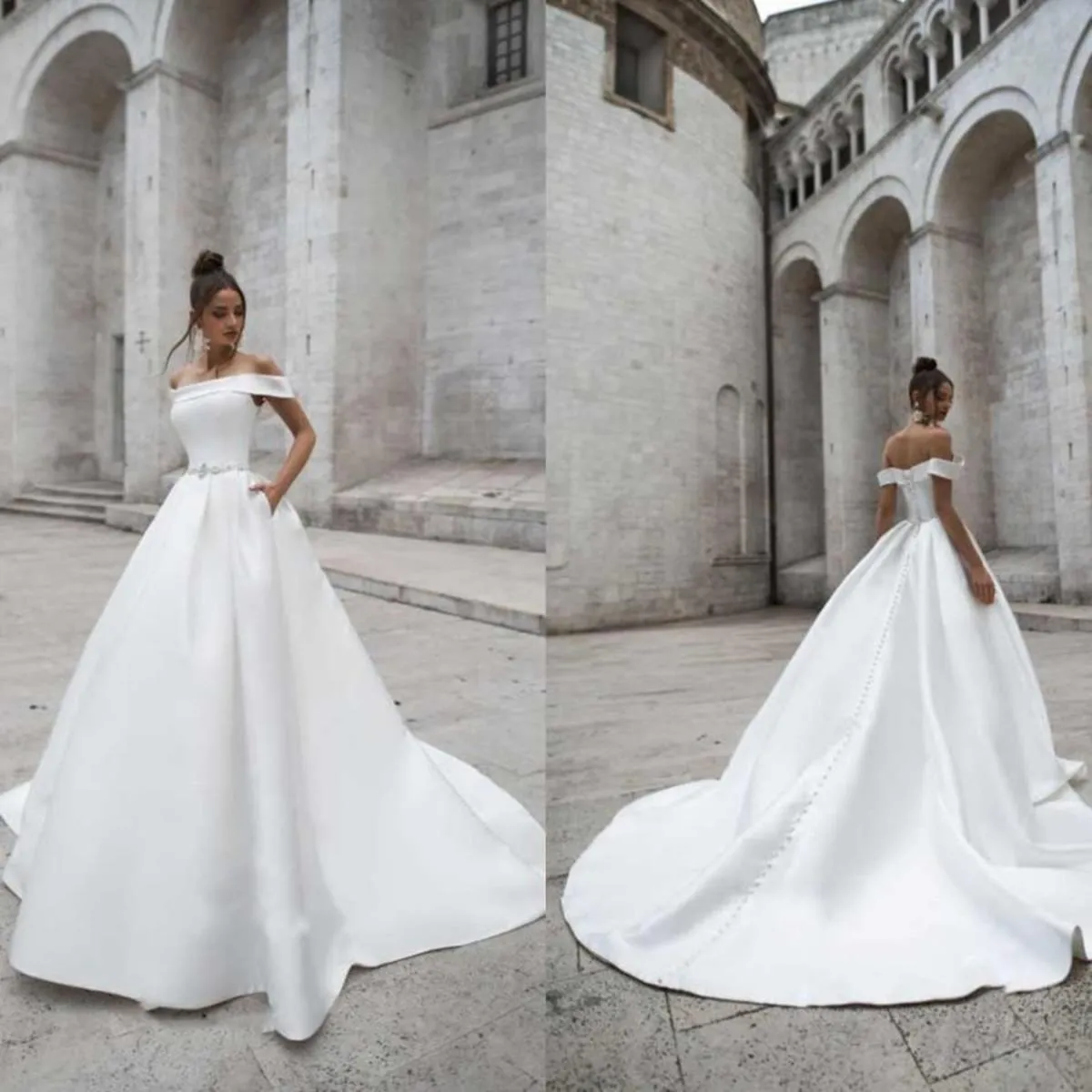 New Cheap Simple A Line Wedding Dresses Off Shoulder Beads Sashes Satin Bridal Gowns Sweep Train A-Line Wedding Dress Plus Size