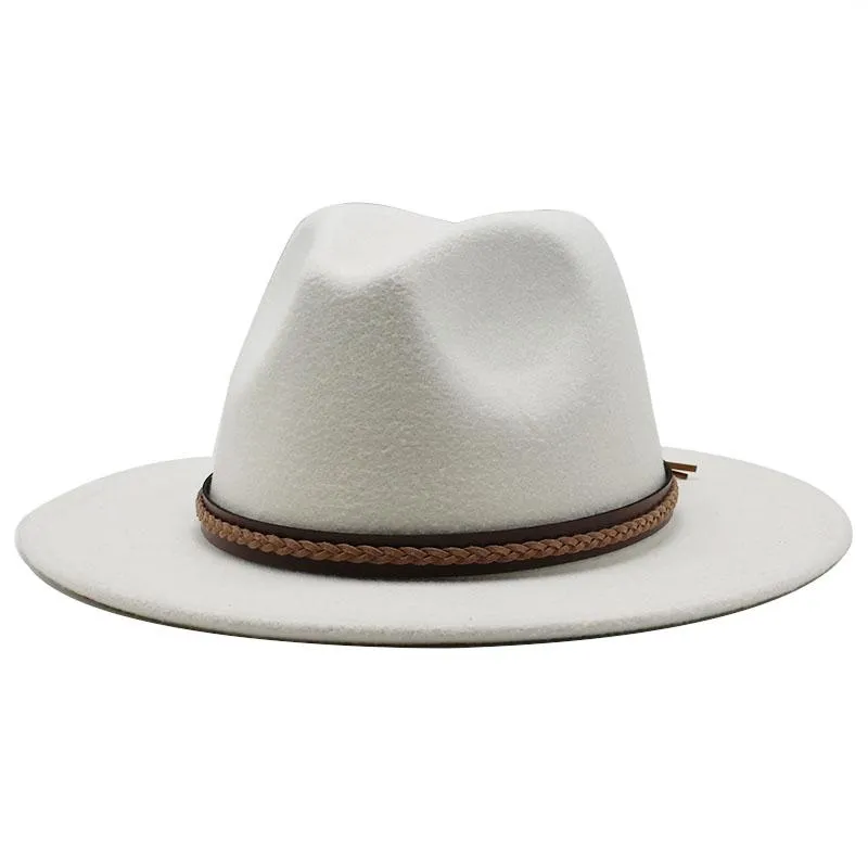 New Men Women Wide Brim Wool Felt Fedora Panama Hat with Belt Buckle Jazz Trilby Cap Party Formal Top Hat In White,black