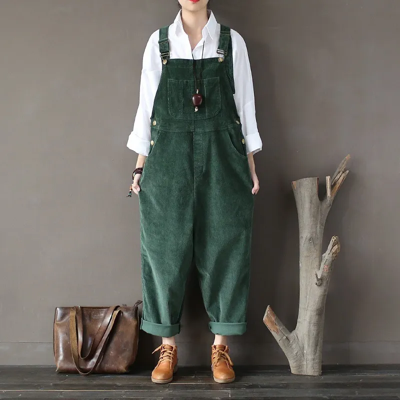 Cotton Corduroy Jumpsuit Women Loose Casual Fashion Bodysuit Autumn Vintage Strap Women Rompers Solid Black Green Brown T200303