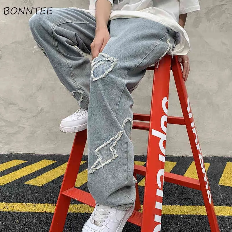 Coeur Broderie Jeans Hommes Lâche Large Jambe Hip-Hop Streetwear Hommes Étudiants Mopping Denim Pantalon Mode Coréen Ulzzang Hombre 0309