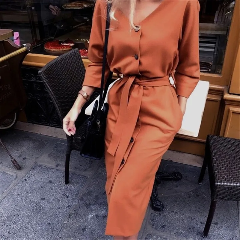 Sexy V-Ausschnitt Herbst Langarm Frauen Kleid Damen Schärpen Knopf Casual Büro Kleid Neue Mode Frauen Midi Kleid Vintage LJ200820