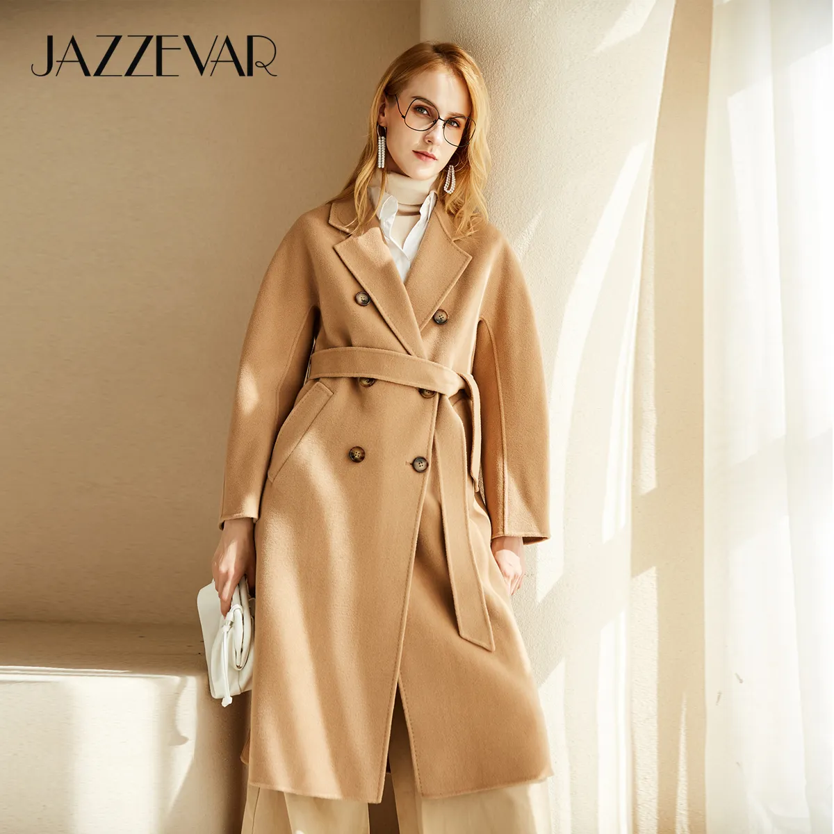JAZZEVAR Atumn Winter New Arrival Women Hand-sewn Double breasted Coat High Quality Double-faced Wool Outerwear For Lady 200923