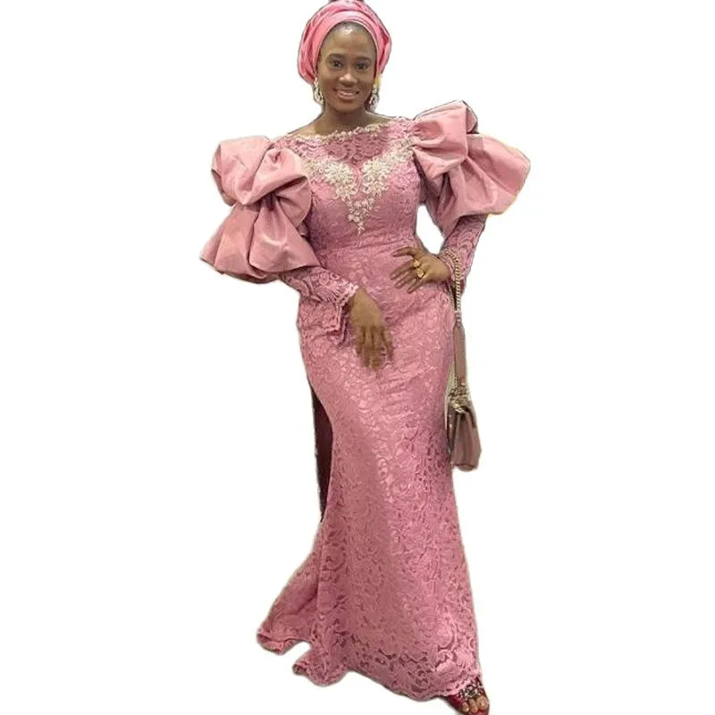 Robes de soirée sirène grande taille avec manches bouffantes appliques dentelle manches longues robes de bal Aso Ebi Party