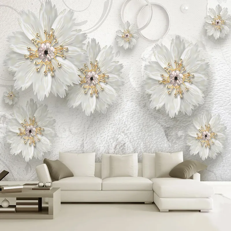 Пользовательского Mural обои 3D Stereo Jewelry Белых Цветы Стена Картина Гостиной Телевизор Диван Спальня Home Decor Papel De Parede 3 D