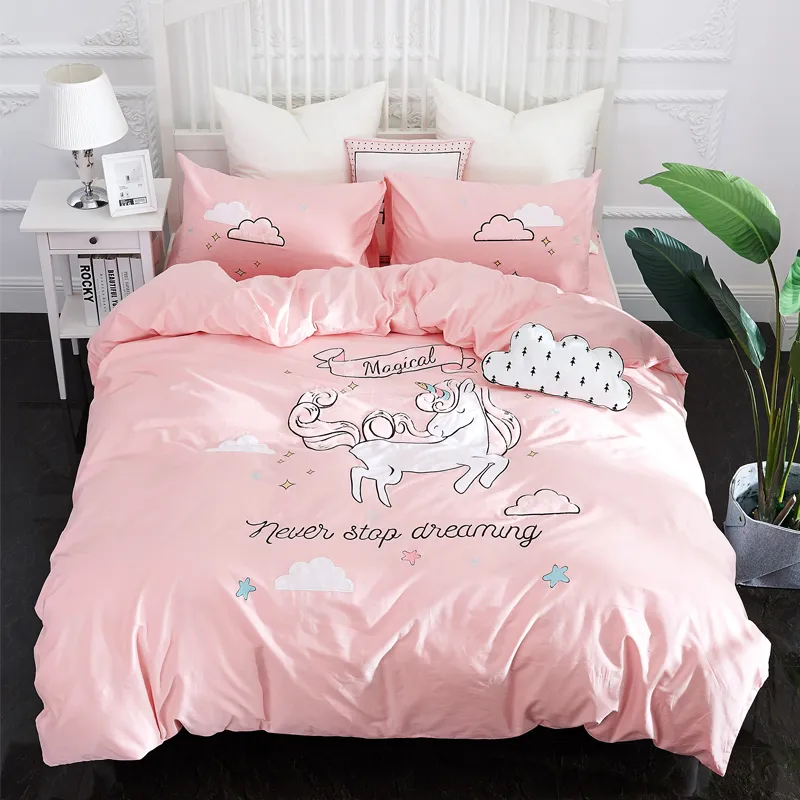 100%Cotton Kids Girls Pink Twin Queen Einhorn Bettwäsche Set Kingsize -Bett Set Bettdecke ausgestattete Bettbettblatt Set Bedlinen T200706