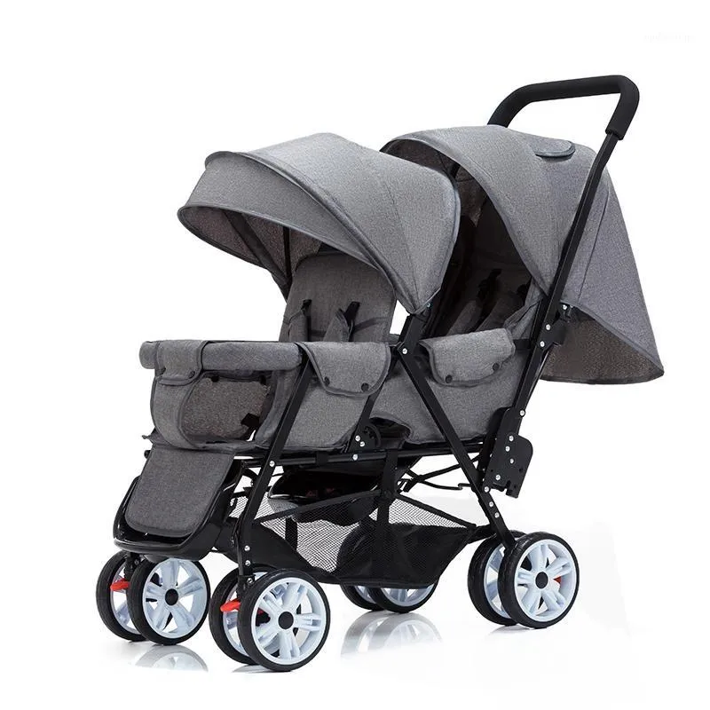 Twin Baby Stroller Can Sit and Lie Baby Carriage Four Wheel Highland Scape Lightweight Double Seat Carts 0-4 Years Old